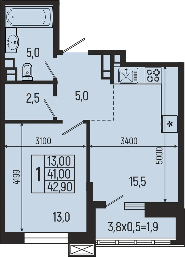 Планировка 1-комнатной квартиры 42.9 м² в ЖК Звёзды, г. Майкоп — фото 1