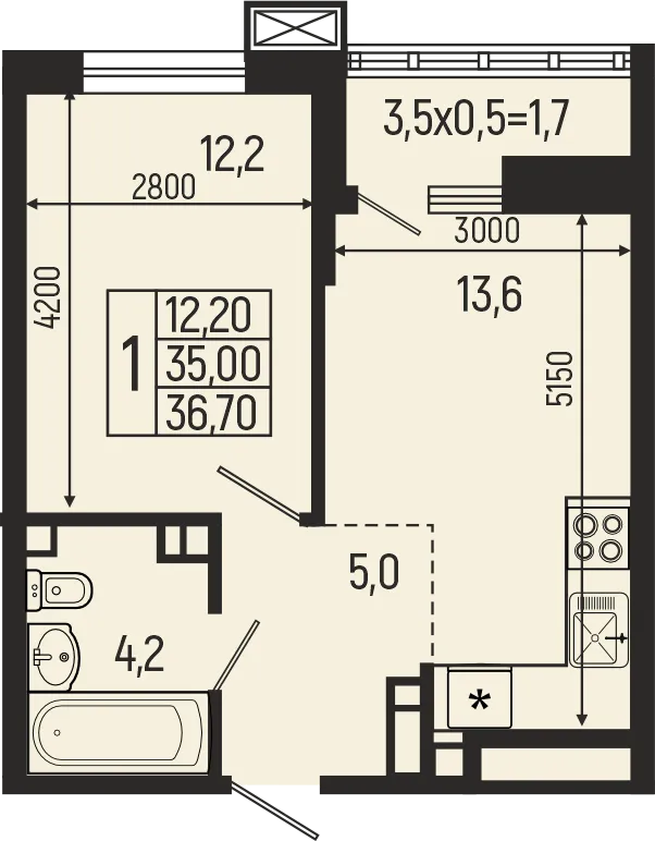 Планировка 1-комнатной квартиры 36.7 м² в ЖК Звёзды, г. Майкоп — фото 1