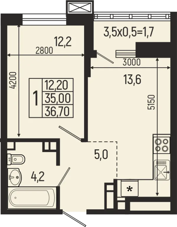 Планировка 1 комн. в ЖК Звёзды