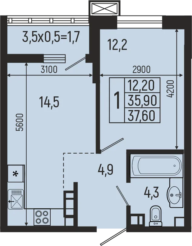 Планировка 1-комнатной квартиры 37.6 м² в ЖК Звёзды, г. Майкоп — фото 1