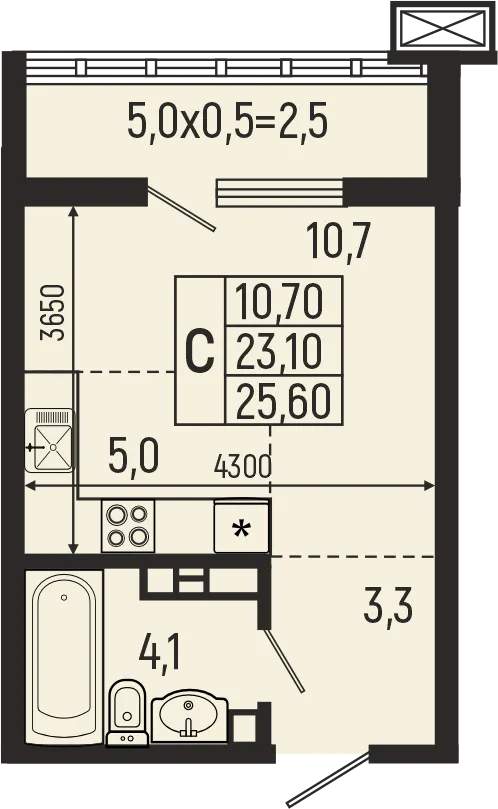 Планировка студии квартиры 25.6 м² в ЖК Звёзды, г. Майкоп — фото 1
