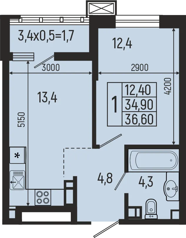 Планировка 1-комнатной квартиры 36.6 м² в ЖК Звёзды, г. Майкоп — фото 2