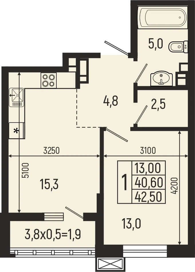 Планировка 1-комнатной квартиры 42.5 м² в ЖК Звёзды, г. Майкоп — фото 2