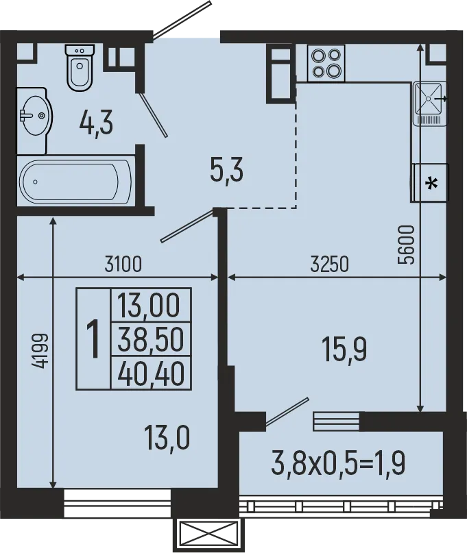 Планировка 1-комнатной квартиры 40.4 м² в ЖК Звёзды, г. Майкоп — фото 1