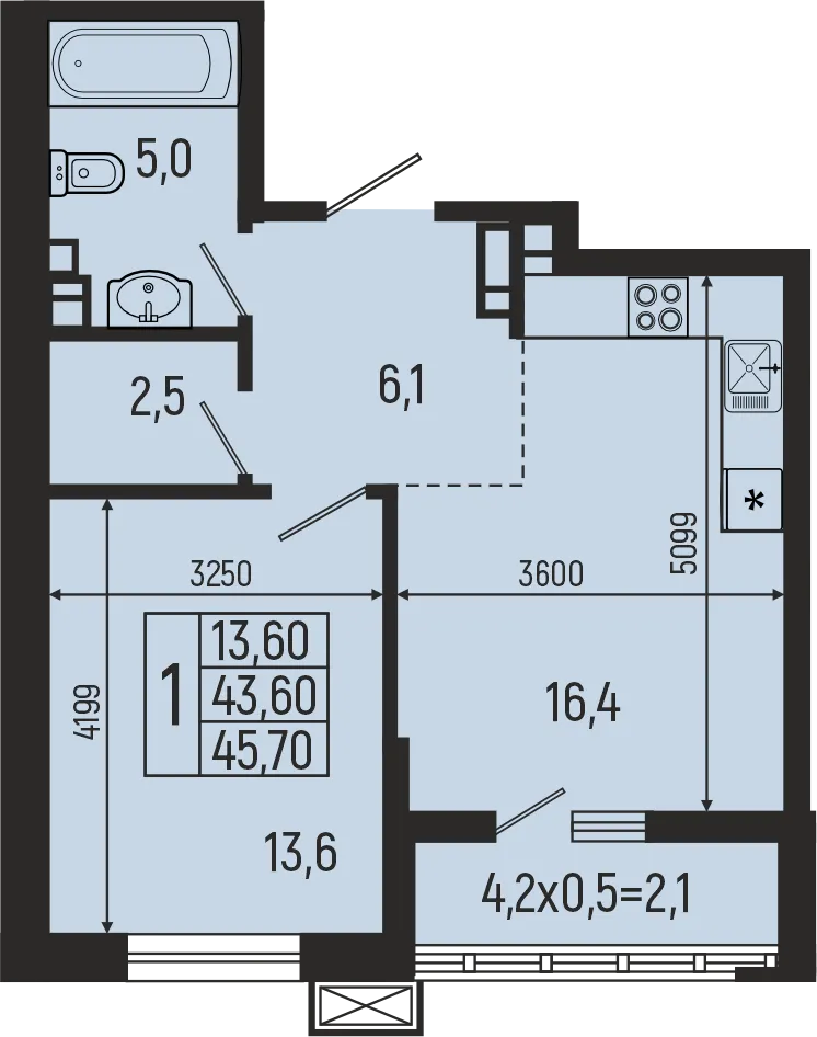 Планировка 1-комнатной квартиры 45.7 м² в ЖК Звёзды, г. Майкоп — фото 2