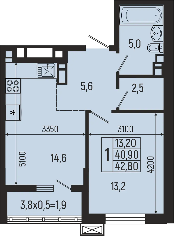 Планировка 1-комнатной квартиры 42.8 м² в ЖК Звёзды, г. Майкоп — фото 2