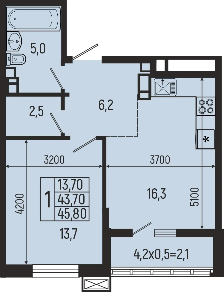 Планировка 1-комнатной квартиры 45.8 м² в ЖК Звёзды, г. Майкоп — фото 2