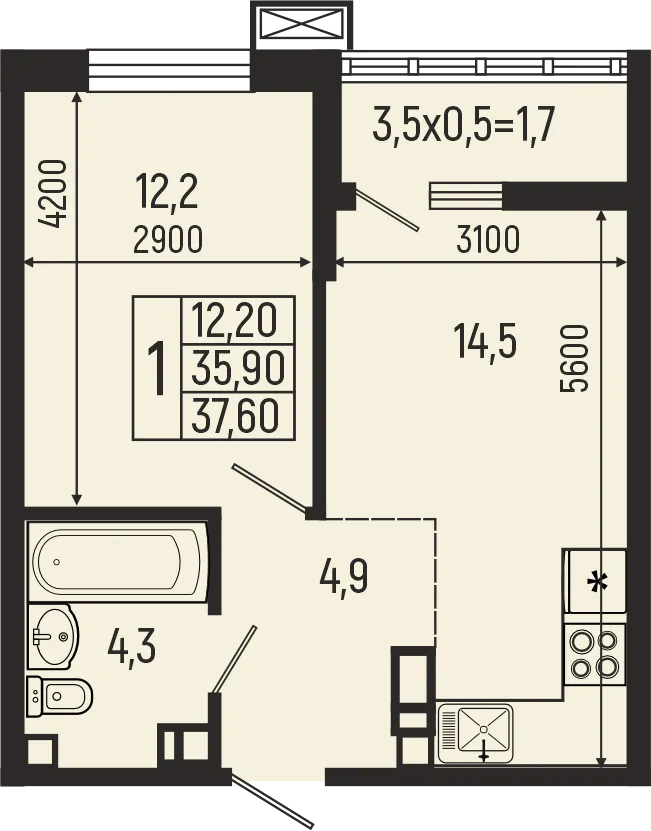 Планировка 1-комнатной квартиры 37.6 м² в ЖК Звёзды, г. Майкоп — фото 2
