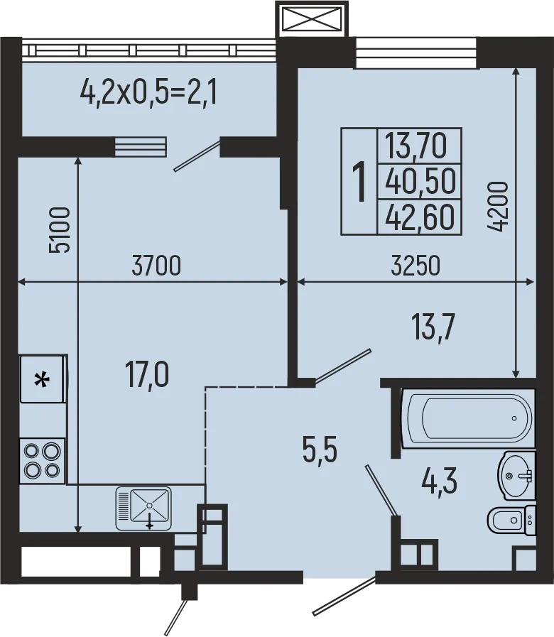 Планировка 1-комнатной квартиры 42.6 м² в ЖК Звёзды, г. Майкоп — фото 2