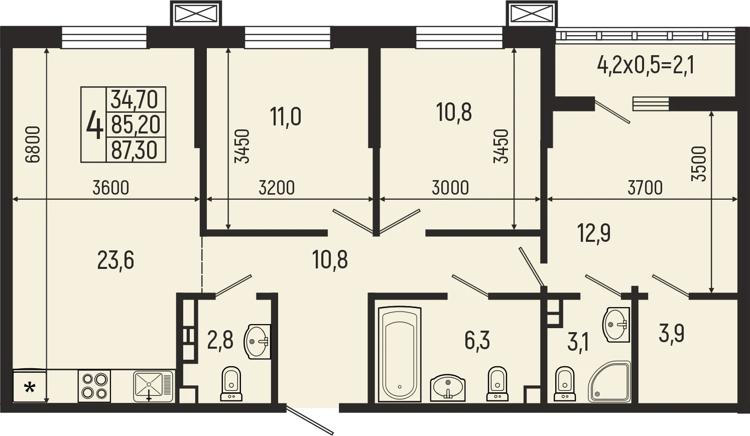 Планировка 4-комнатной квартиры 87.3 м² в ЖК Звёзды, г. Майкоп — фото 2