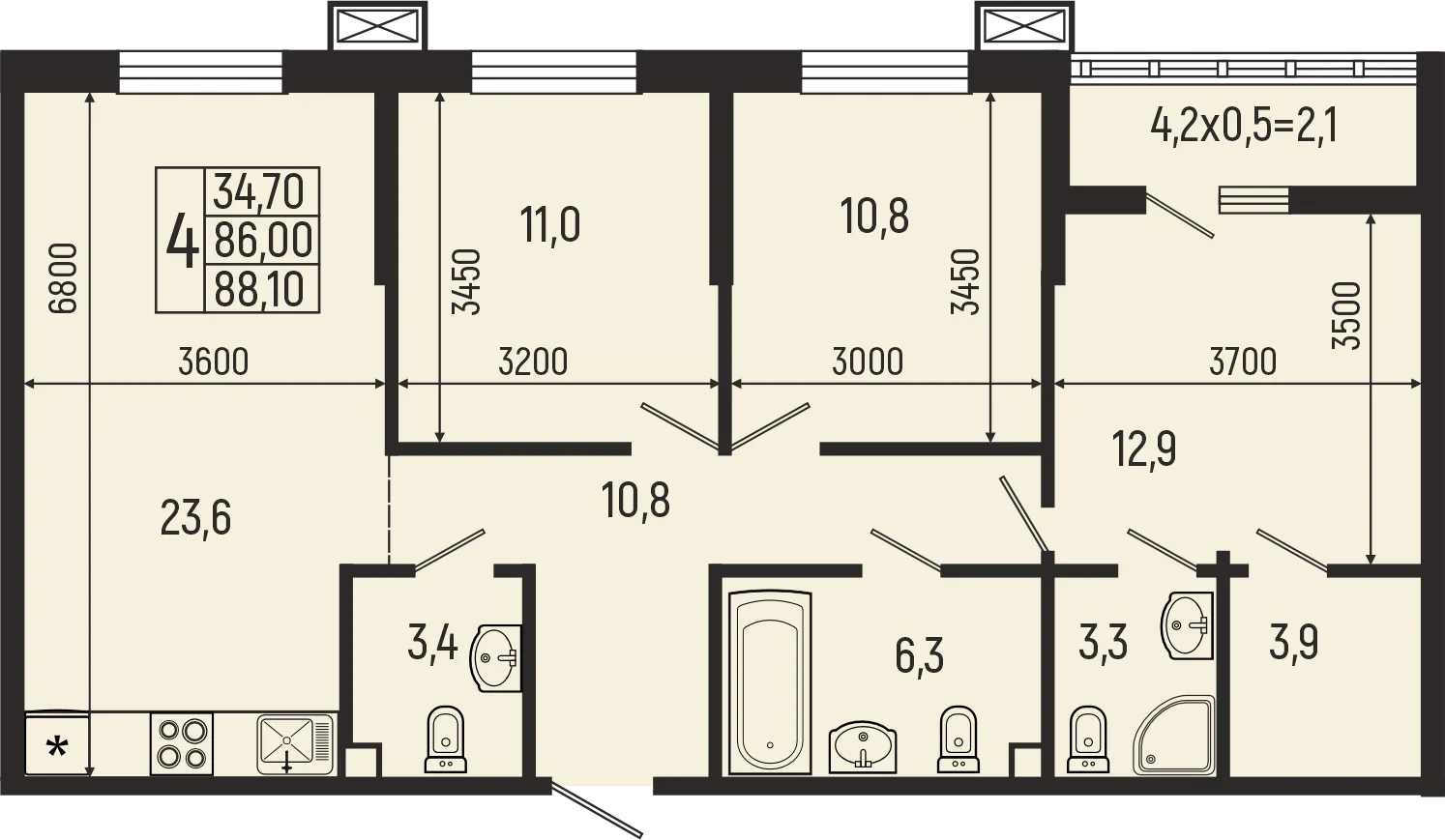 Планировка 4-комнатной квартиры 88.1 м² в ЖК Звёзды, г. Майкоп — фото 2