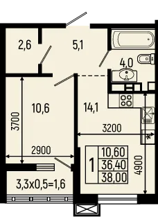 Планировка 1-комнатной квартиры 38 м² в ЖК Звёзды, г. Майкоп — фото 1