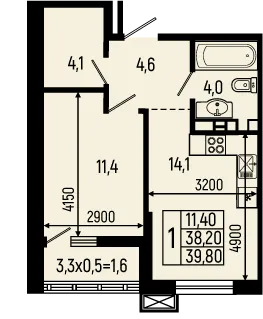 Планировка 1-комнатной квартиры 39.8 м² в ЖК Звёзды, г. Майкоп — фото 1