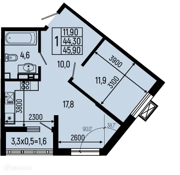 Планировка 1-комнатной квартиры 45.9 м² в ЖК Звёзды, г. Майкоп — фото 1