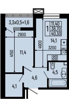 Планировка 1-комнатной квартиры 40.3 м² в ЖК Звёзды, г. Майкоп — фото 1