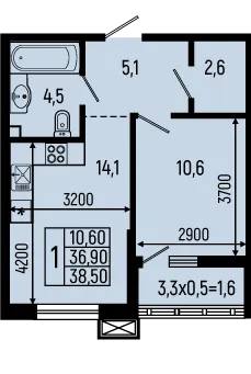 Планировка 1-комнатной квартиры 38.5 м² в ЖК Звёзды, г. Майкоп — фото 1