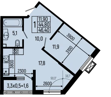 Планировка 1-комнатной квартиры 46.4 м² в ЖК Звёзды, г. Майкоп — фото 1