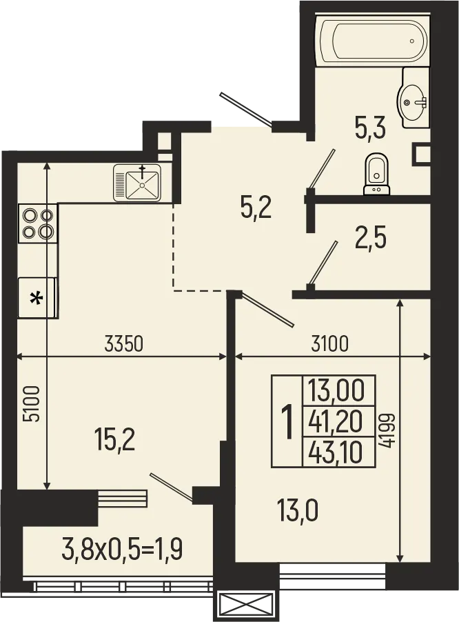 Планировка 1-комнатной квартиры 43.1 м² в ЖК Звёзды, г. Майкоп — фото 1