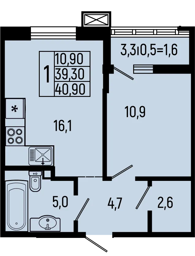 Планировка 1-комнатной квартиры 40.9 м² в ЖК Звёзды, г. Майкоп — фото 1