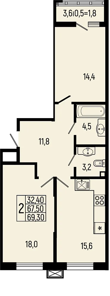 Планировка 2-комнатной квартиры 69.3 м² в ЖК Звёзды, г. Майкоп — фото 1