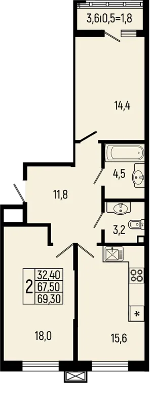 Планировка 2 комн. в ЖК Звёзды