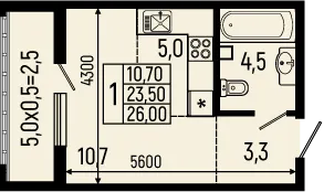 Планировка студии квартиры 26 м² в ЖК Звёзды, г. Майкоп — фото 1