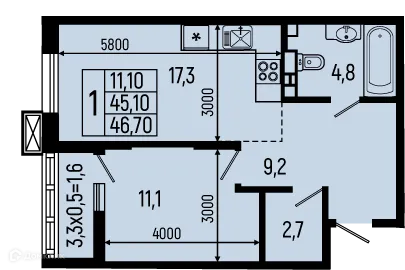 Планировка 1-комнатной квартиры 46.7 м² в ЖК Звёзды, г. Майкоп — фото 1