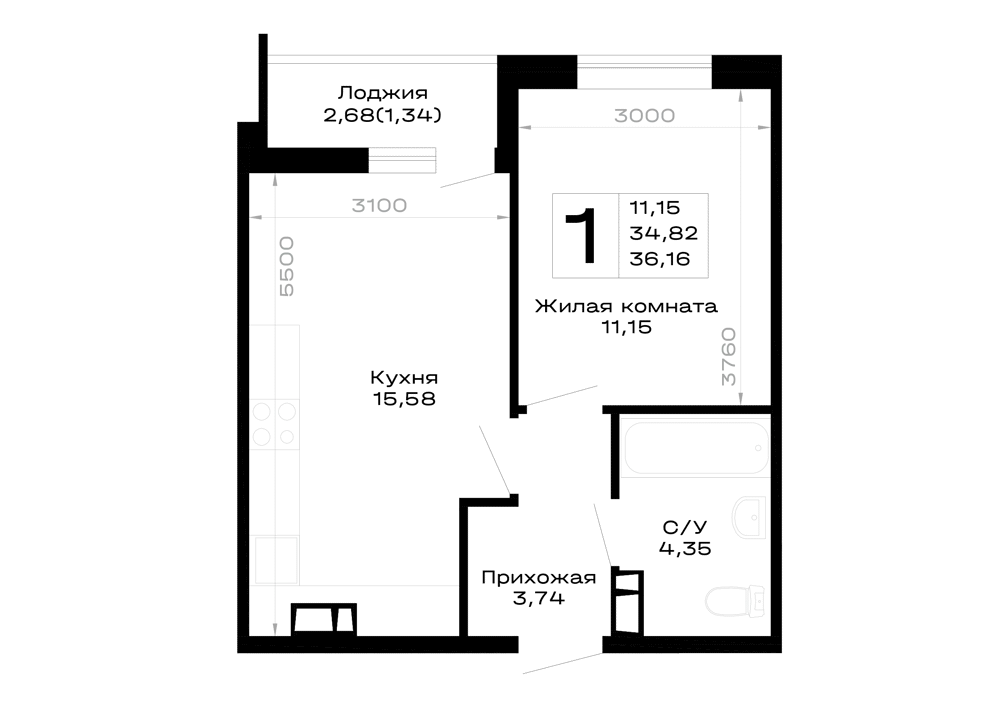 Планировка 1-комнатной квартиры 36.16 м² в Горные высоты, г. Майкоп — фото 1