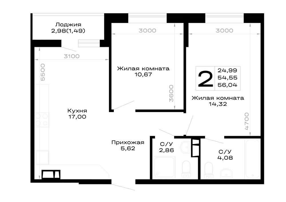 Планировка 2-комнатной квартиры 56.04 м² в Горные высоты, г. Майкоп — фото 1