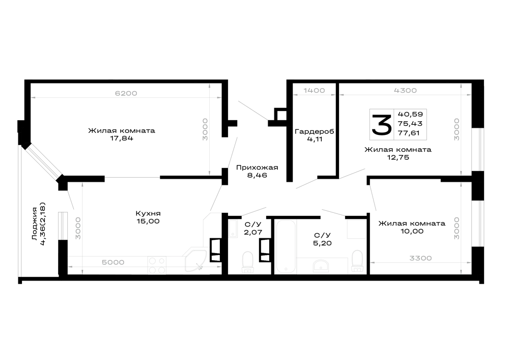 Планировка 3-комнатной квартиры 77.61 м² в Горные высоты, г. Майкоп — фото 1