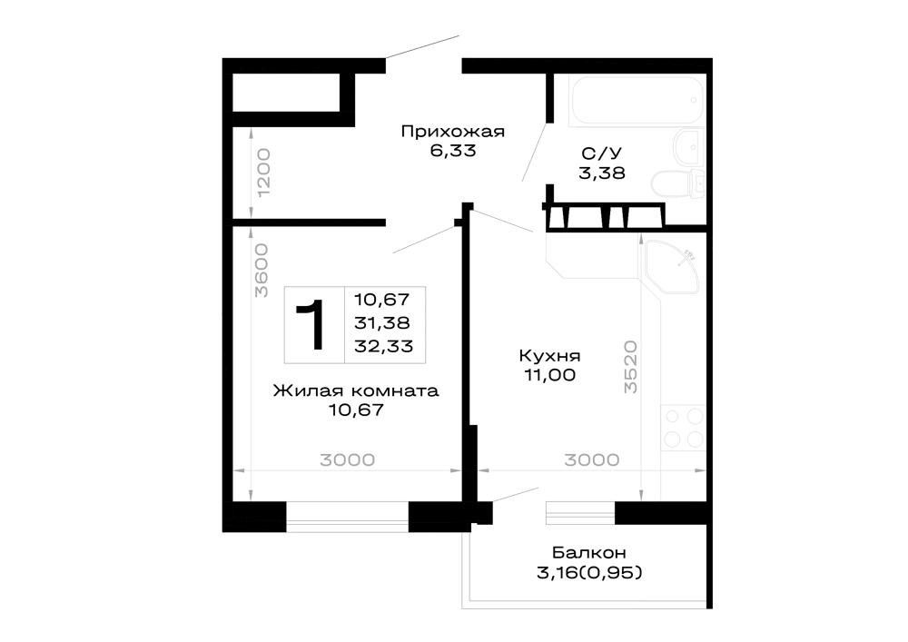 Планировка 1-комнатной квартиры 32.33 м² в Горные высоты, г. Майкоп — фото 1