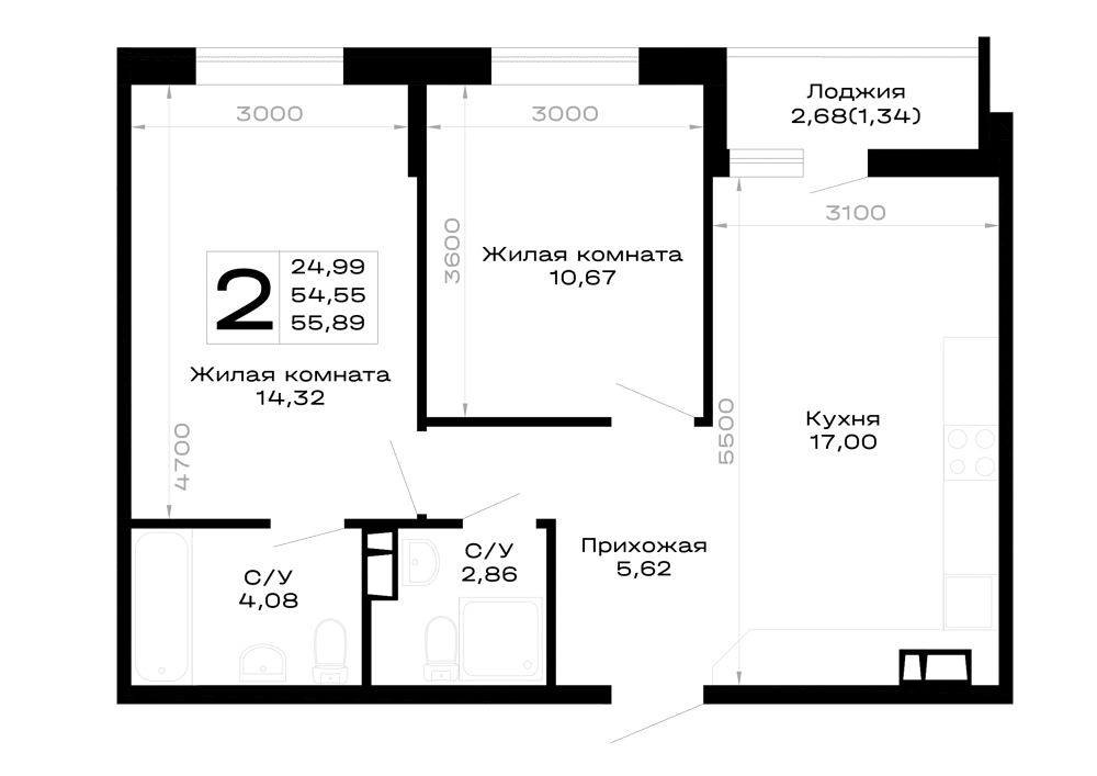 Планировка 2-комнатной квартиры 55.89 м² в Горные высоты, г. Майкоп — фото 1
