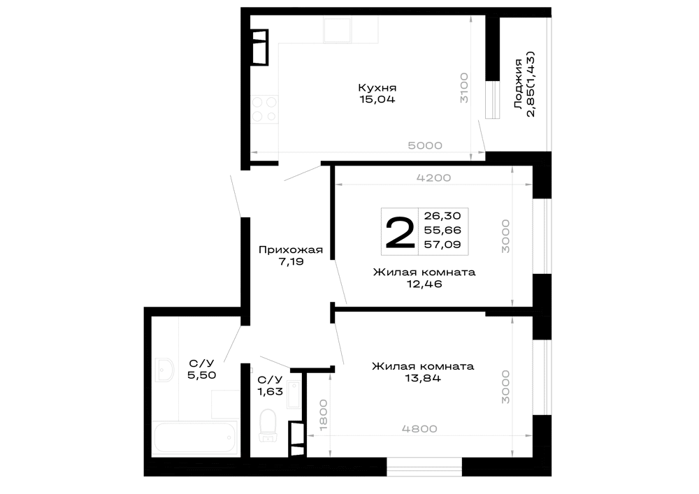 Планировка 2-комнатной квартиры 57.09 м² в Горные высоты, г. Майкоп — фото 1