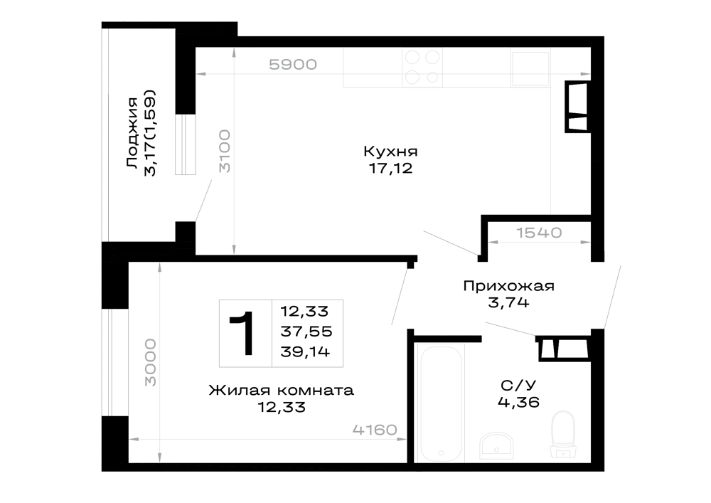 Планировка 1-комнатной квартиры 39.14 м² в Горные высоты, г. Майкоп — фото 1