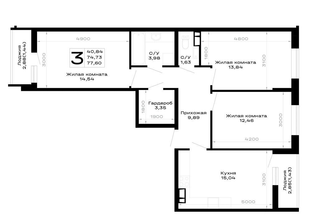 Планировка 3-комнатной квартиры 77.6 м² в Горные высоты, г. Майкоп — фото 1