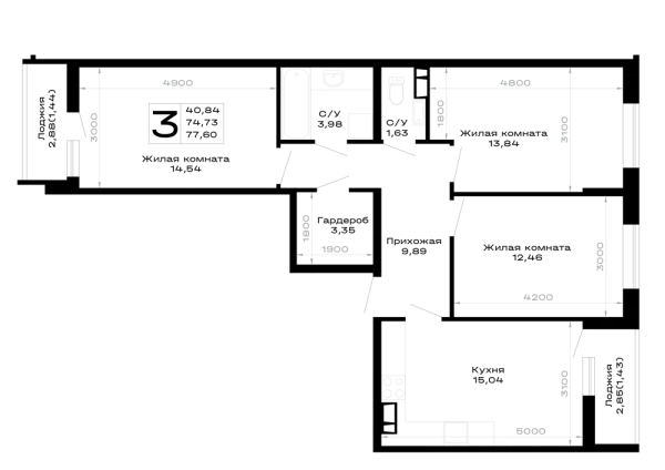 Планировка 3 комн. в Горные высоты
