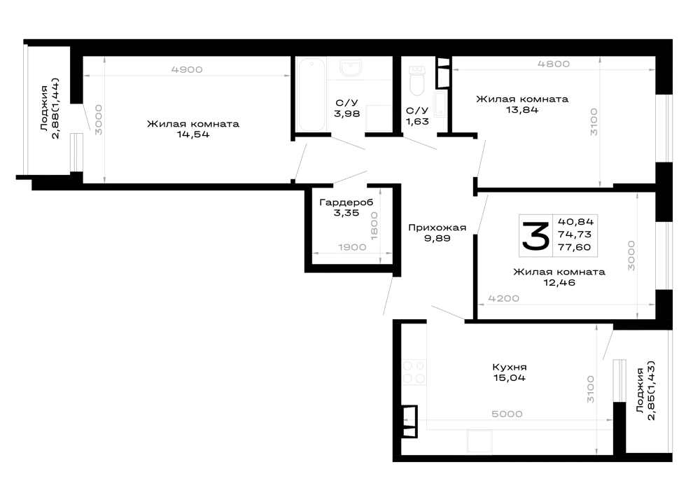 Планировка 3-комнатной квартиры 77.6 м² в Горные высоты, г. Майкоп — фото 1
