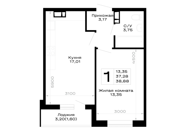 Планировка 1 комн. в Горные высоты
