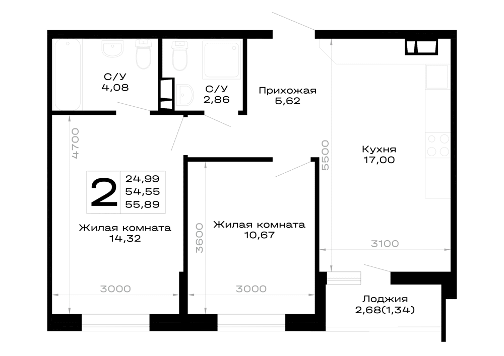 Планировка 2-комнатной квартиры 55.89 м² в Горные высоты, г. Майкоп — фото 1