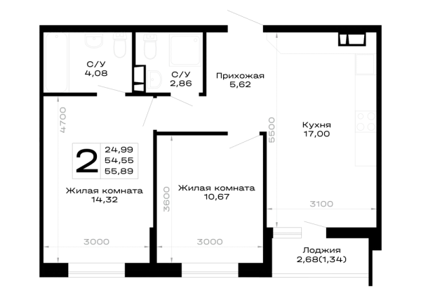 Планировка 2 комн. в Горные высоты