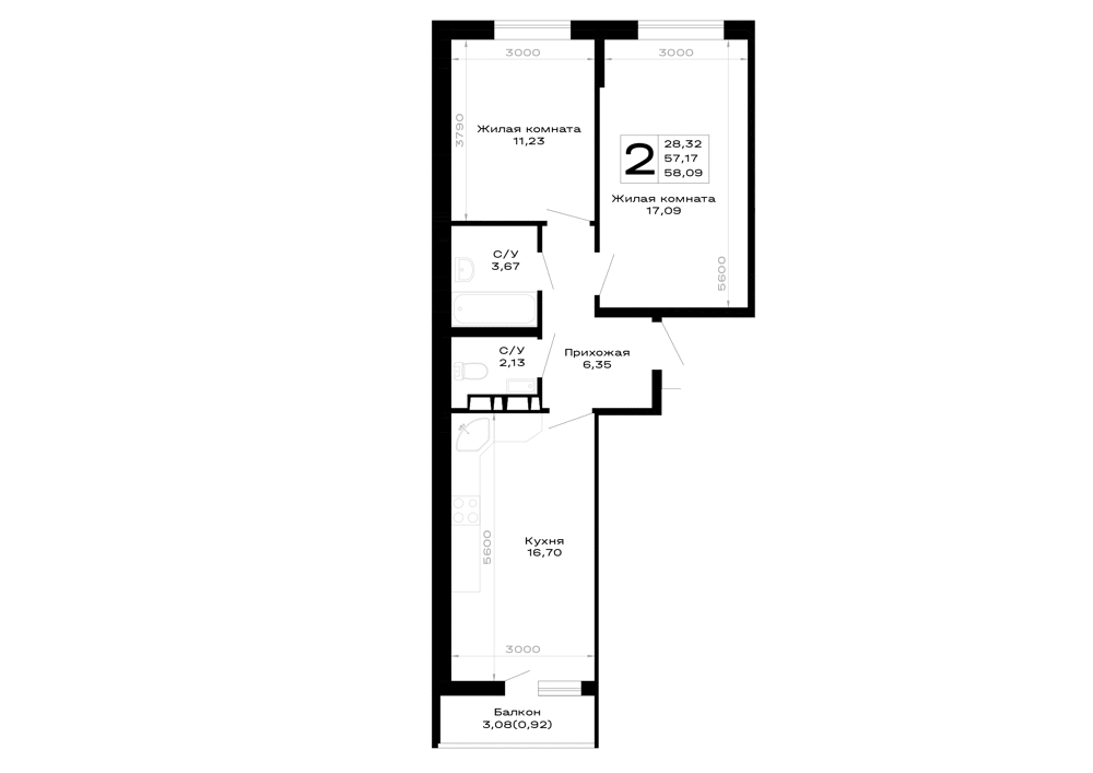 Планировка 2-комнатной квартиры 58.09 м² в Горные высоты, г. Майкоп — фото 1