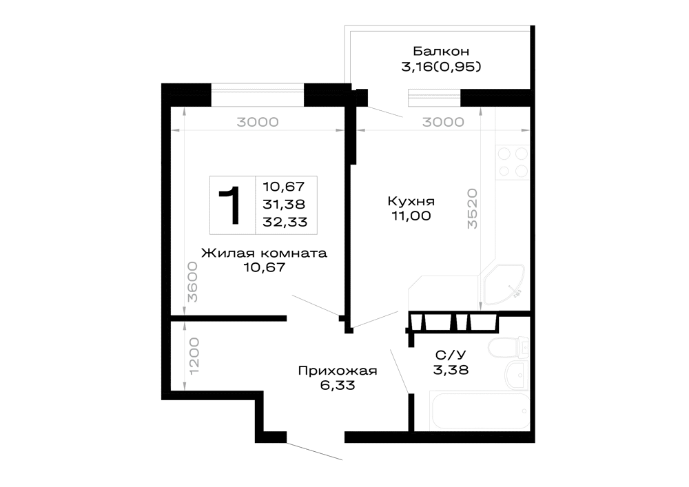 Планировка 1-комнатной квартиры 32.33 м² в Горные высоты, г. Майкоп — фото 1