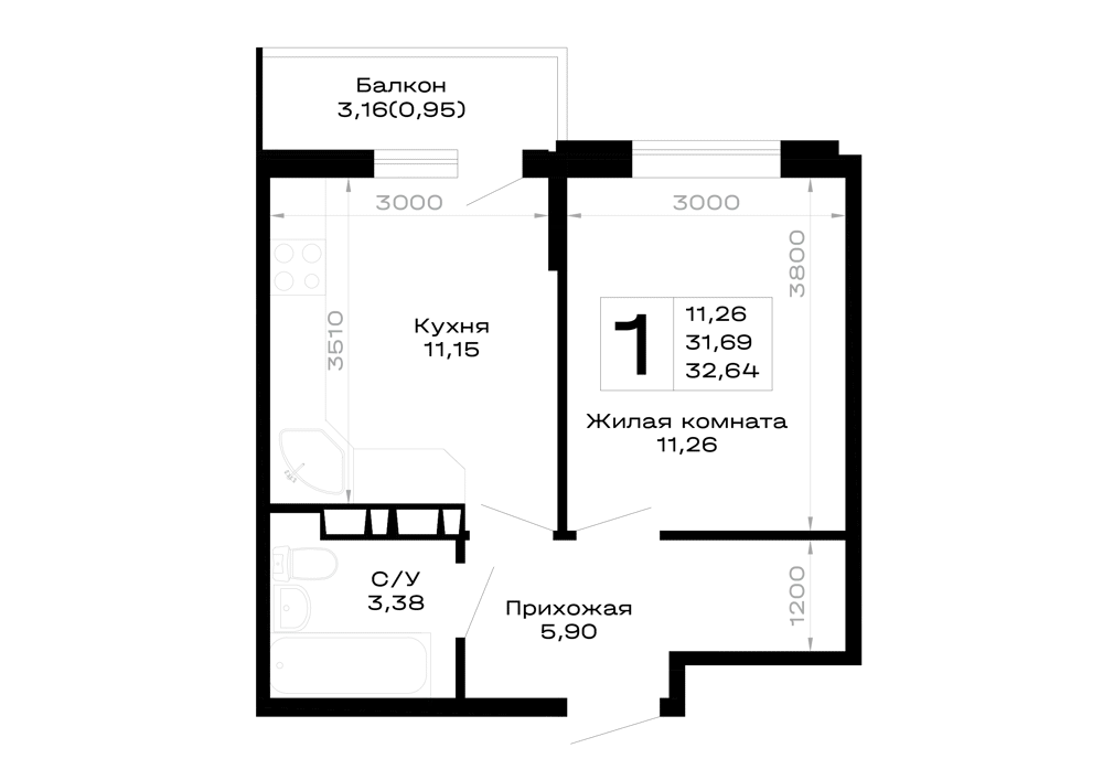 Планировка 1-комнатной квартиры 32.64 м² в Горные высоты, г. Майкоп — фото 1