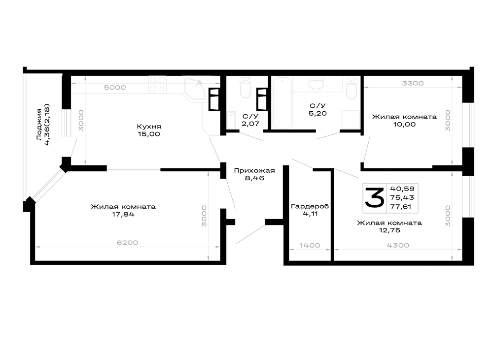Планировка 3-комнатной квартиры 77.61 м² в Горные высоты, г. Майкоп — фото 1