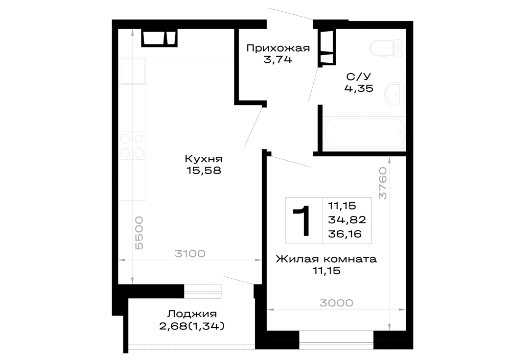 Планировка 1-комнатной квартиры 36.16 м² в Горные высоты, г. Майкоп — фото 1