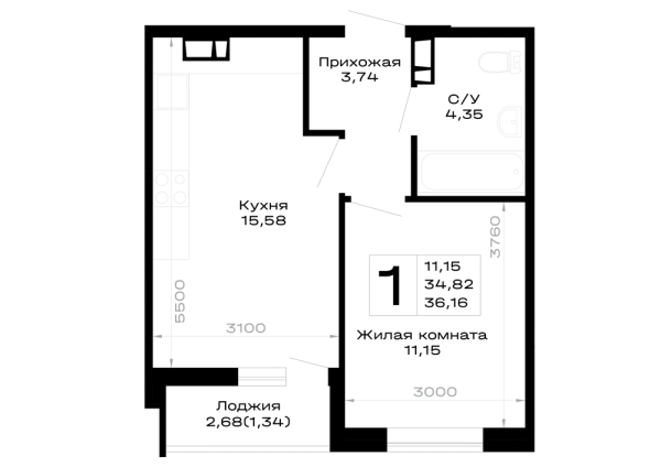 Планировка 1 комн. в Горные высоты