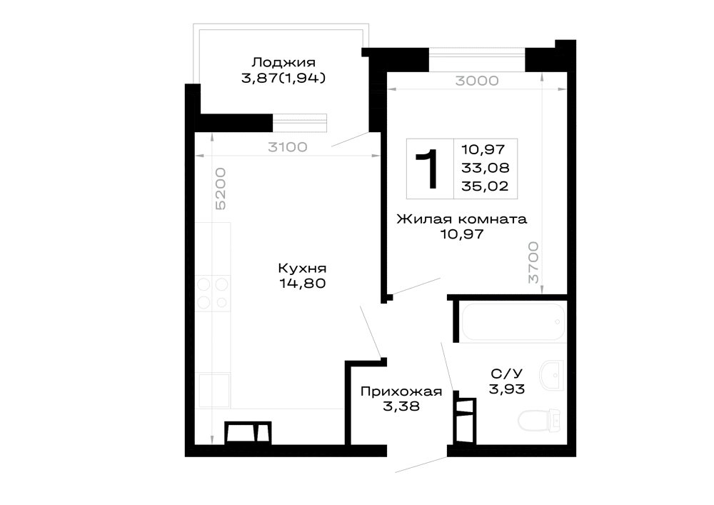 Планировка 1-комнатной квартиры 35.02 м² в Горные высоты, г. Майкоп — фото 1
