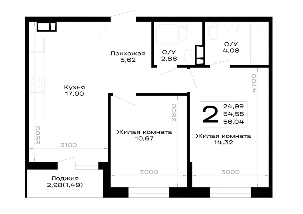 Планировка 2-комнатной квартиры 56.04 м² в Горные высоты, г. Майкоп — фото 1