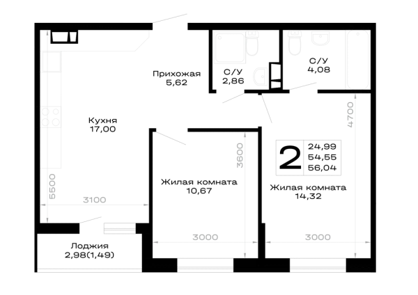 Планировка 2 комн. в Горные высоты