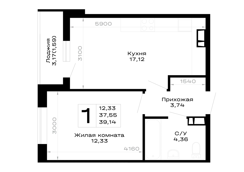 Планировка 1-комнатной квартиры 39.14 м² в Горные высоты, г. Майкоп — фото 1